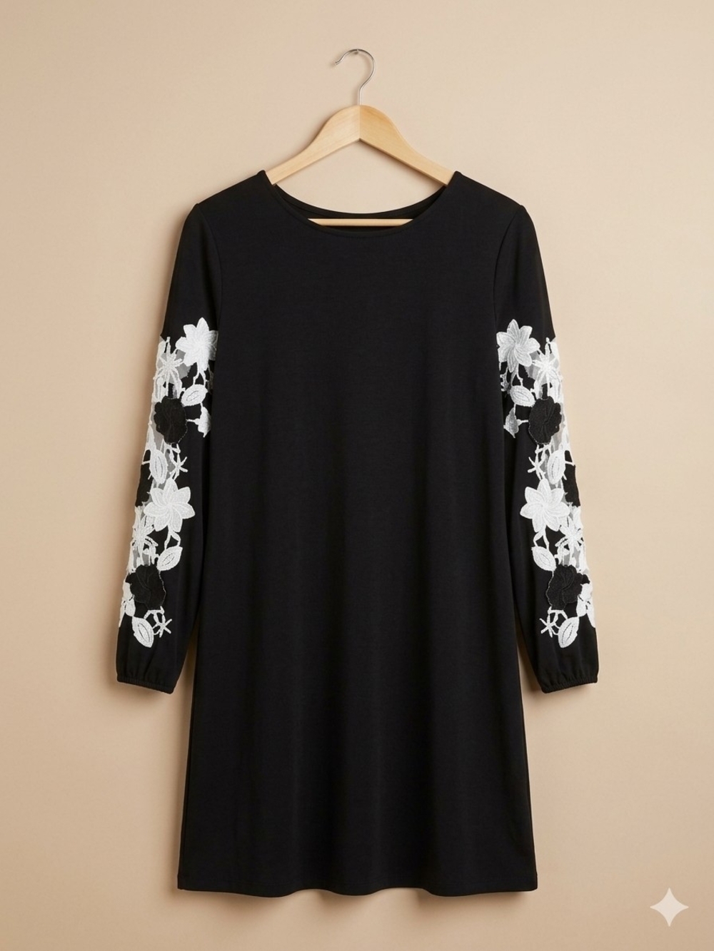 Spense Black Long-Sleeve Dress with White Floral Sleeve Appliqué